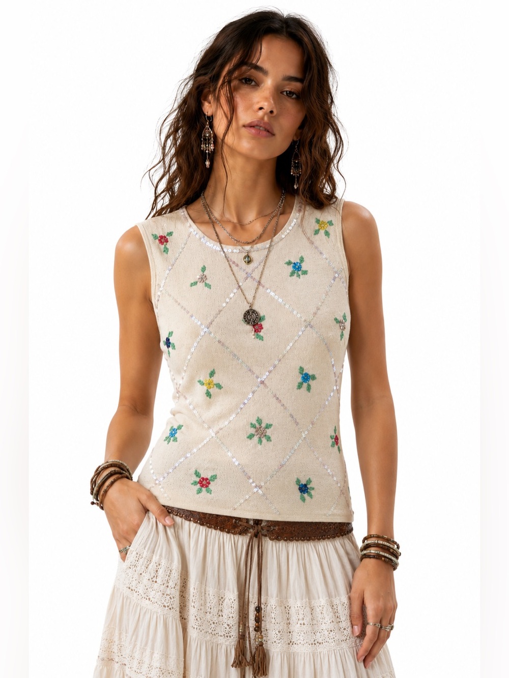 Boho Beaded Floral Knit Tank Top Coquette Garden Girl Earthy Cottagecore Preppy